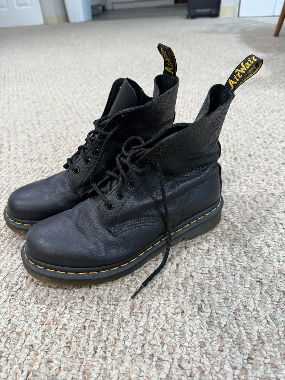 Dr. Martens Black Leather Lace-Up Boots with Yellow Stitching